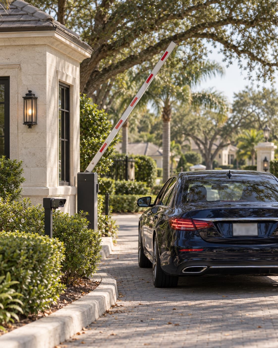 Illustrative private community entrance with a vehicle approaching a gate and a license plate recognition camera