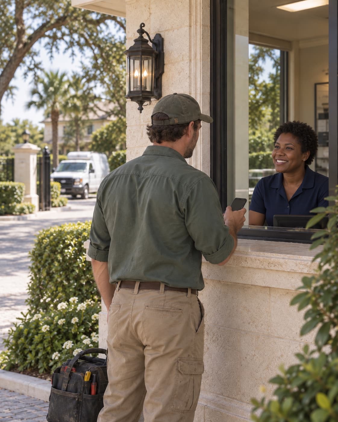 Illustrative maintenance vendor with a phone and tool bag checking in at a community gatehouse