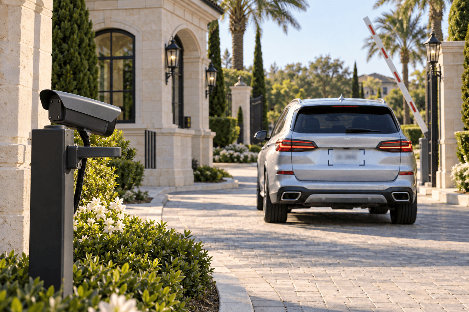 A roadside license plate recognition camera captures the rear plate of a vehicle driving through a community gate