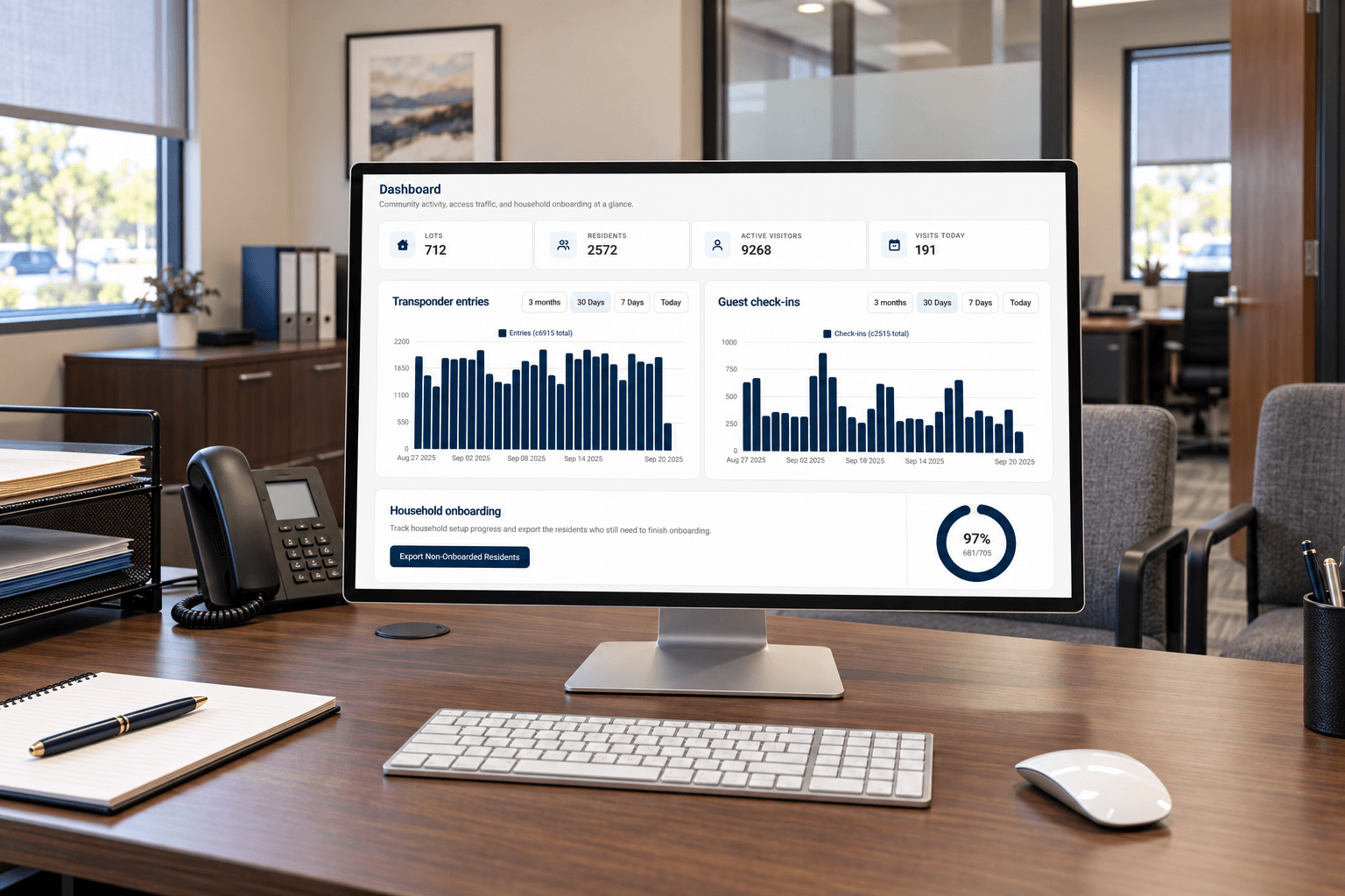 GoAccess navy dashboard on a desktop in an on-site community manager’s office suite with visitor seating and organized files