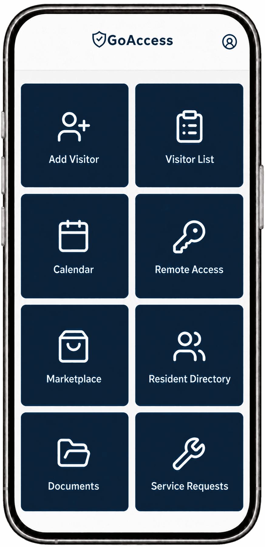 GoAccess resident app with visitor invitations, calendar, remote access, documents, and service requests