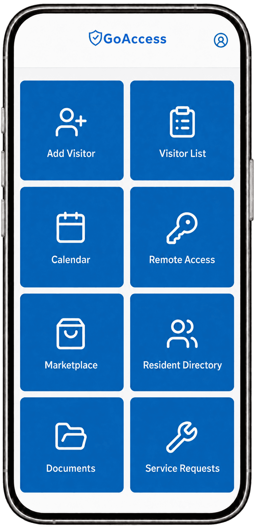 GoAccess resident app with visitor invitations, calendar, remote access, documents, and service requests