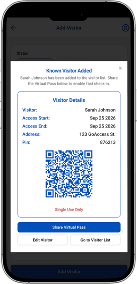GoAccess resident visitor invitation and digital guest pass interface