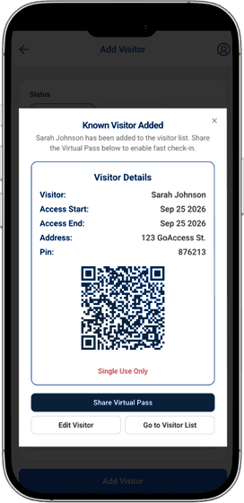 GoAccess visitor details with a single-use QR pass and sharing controls