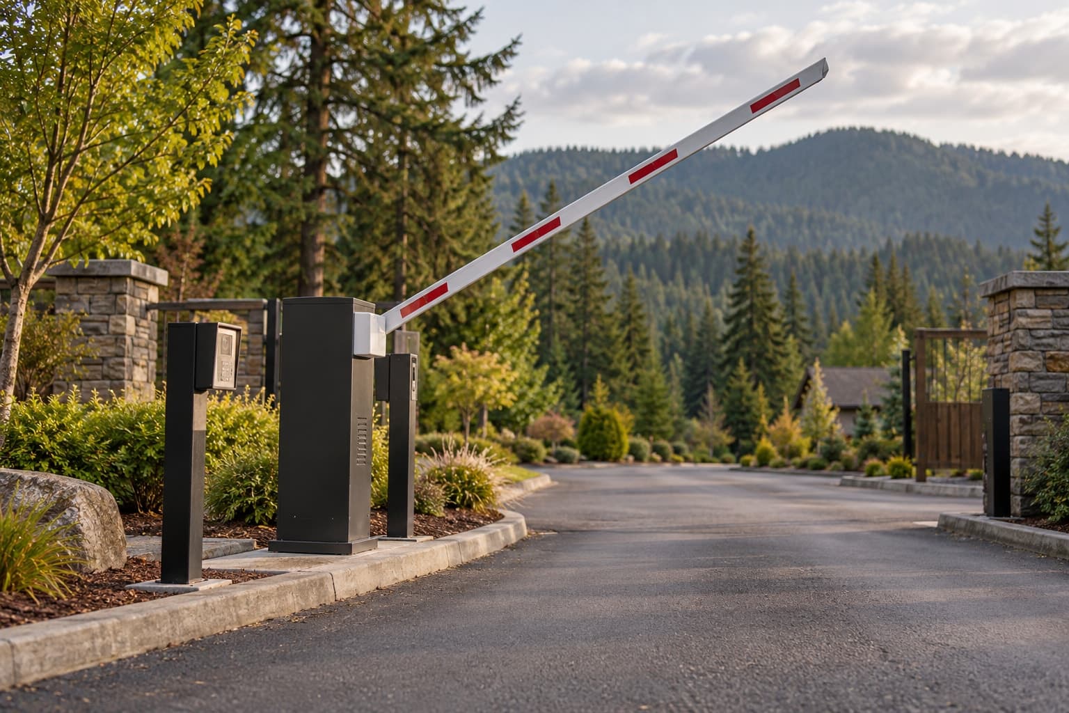Illustrative scene: Empty Oregon entrance with barrier arm raised and forested hills, no person using a reader.