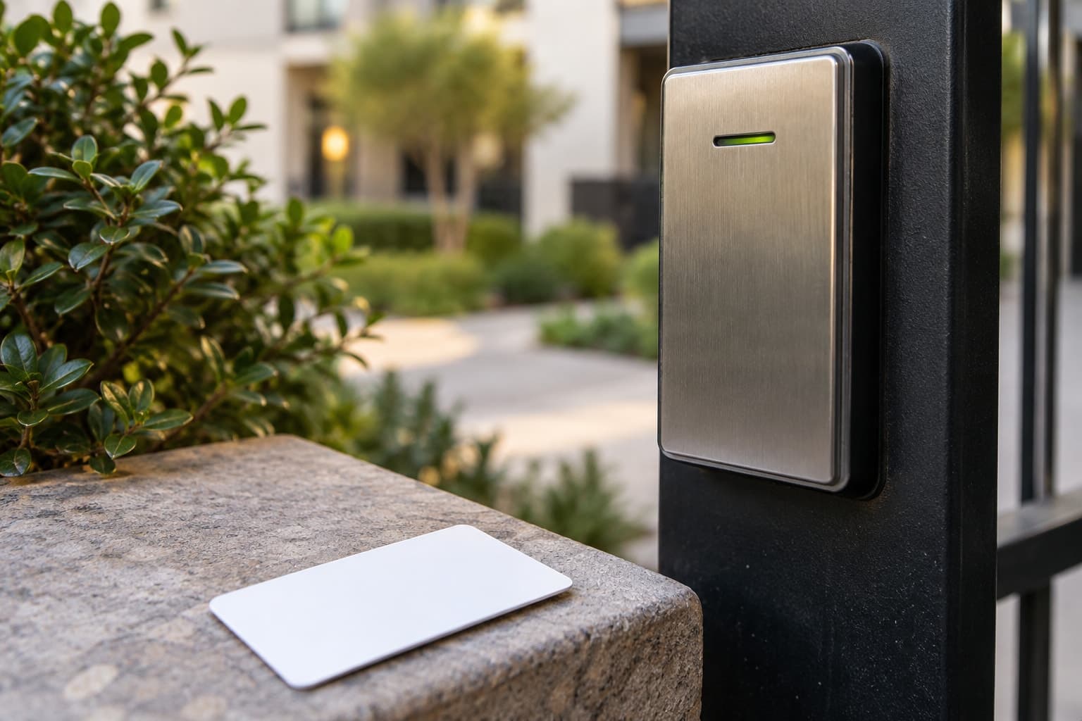 Illustrative scene: Plain white key card resting beside a brushed-metal reader, clean understated still life.