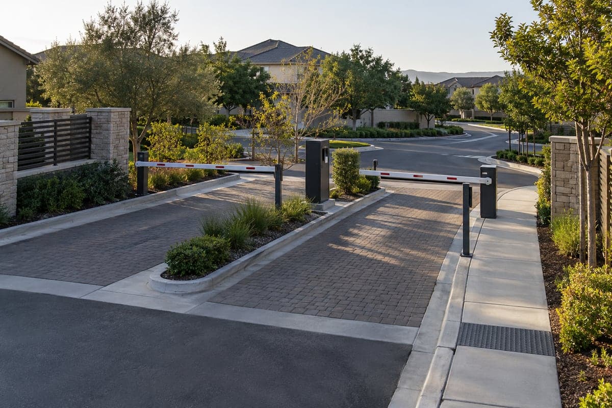 Illustrative scene: Elevated oblique architectural photograph of a residential entrance showing clearly separated vehicle lanes and sidewalk.