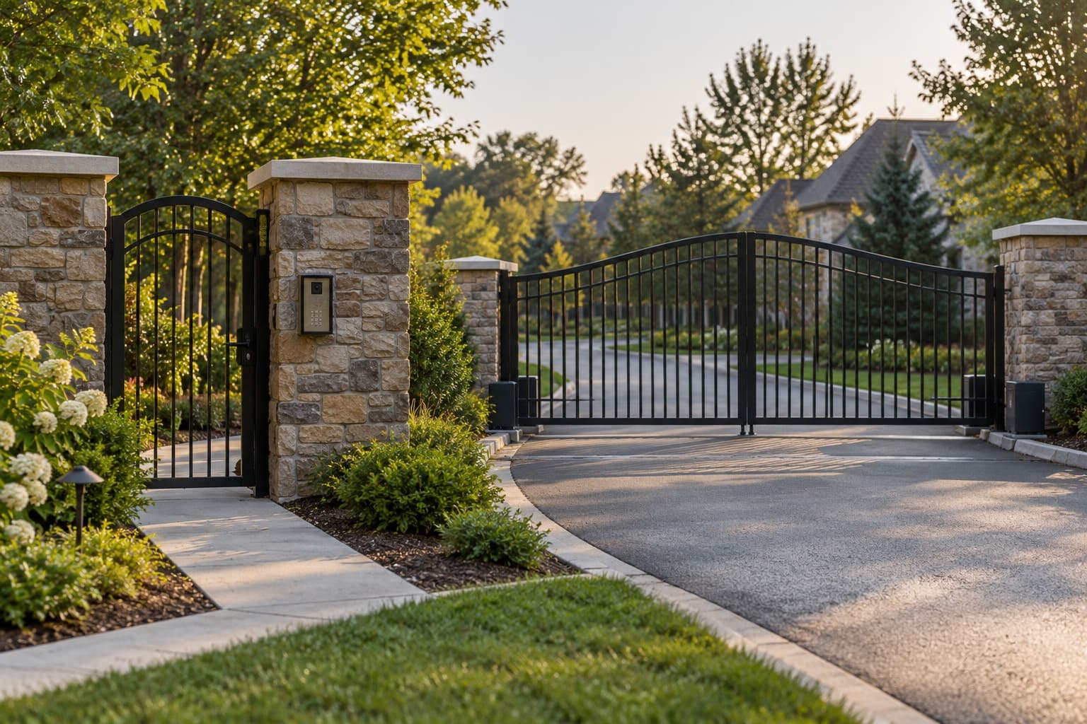 Illustrative scene: Wide residential entrance with stone pillars, separate pedestrian access and gentle landscaping.