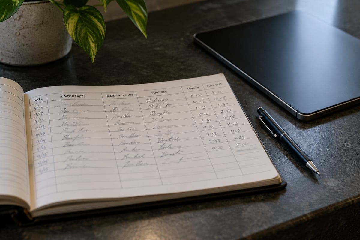 Illustrative scene: Side-lit close photograph of a dated paper visitor register with unreadable lines and a capped pen beside a closed slim tablet on a simple charcoal counter.