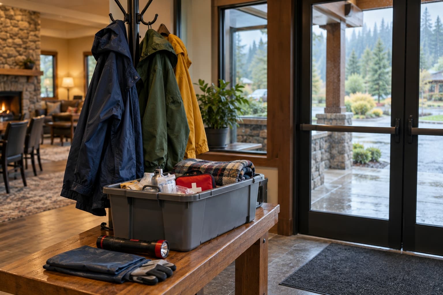 Illustrative scene: Oregon community clubhouse with rain jackets, emergency supply tote and flashlight arranged near exit.