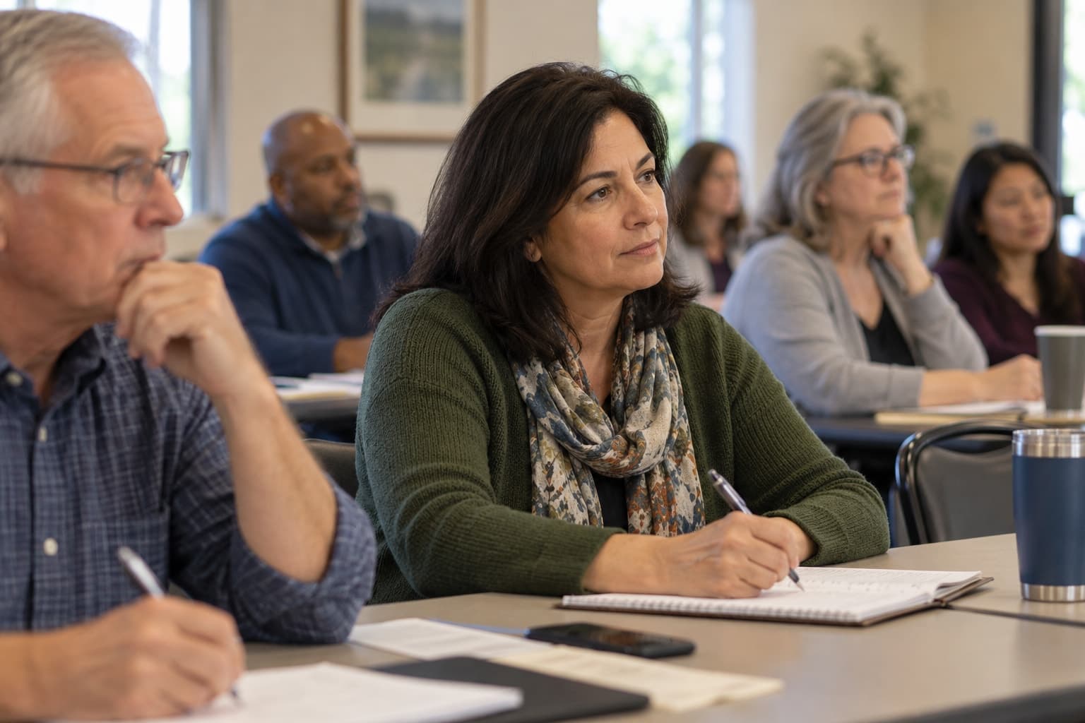 Illustrative scene: HOA board member taking notes during a community-room workshop, notebook illegible.