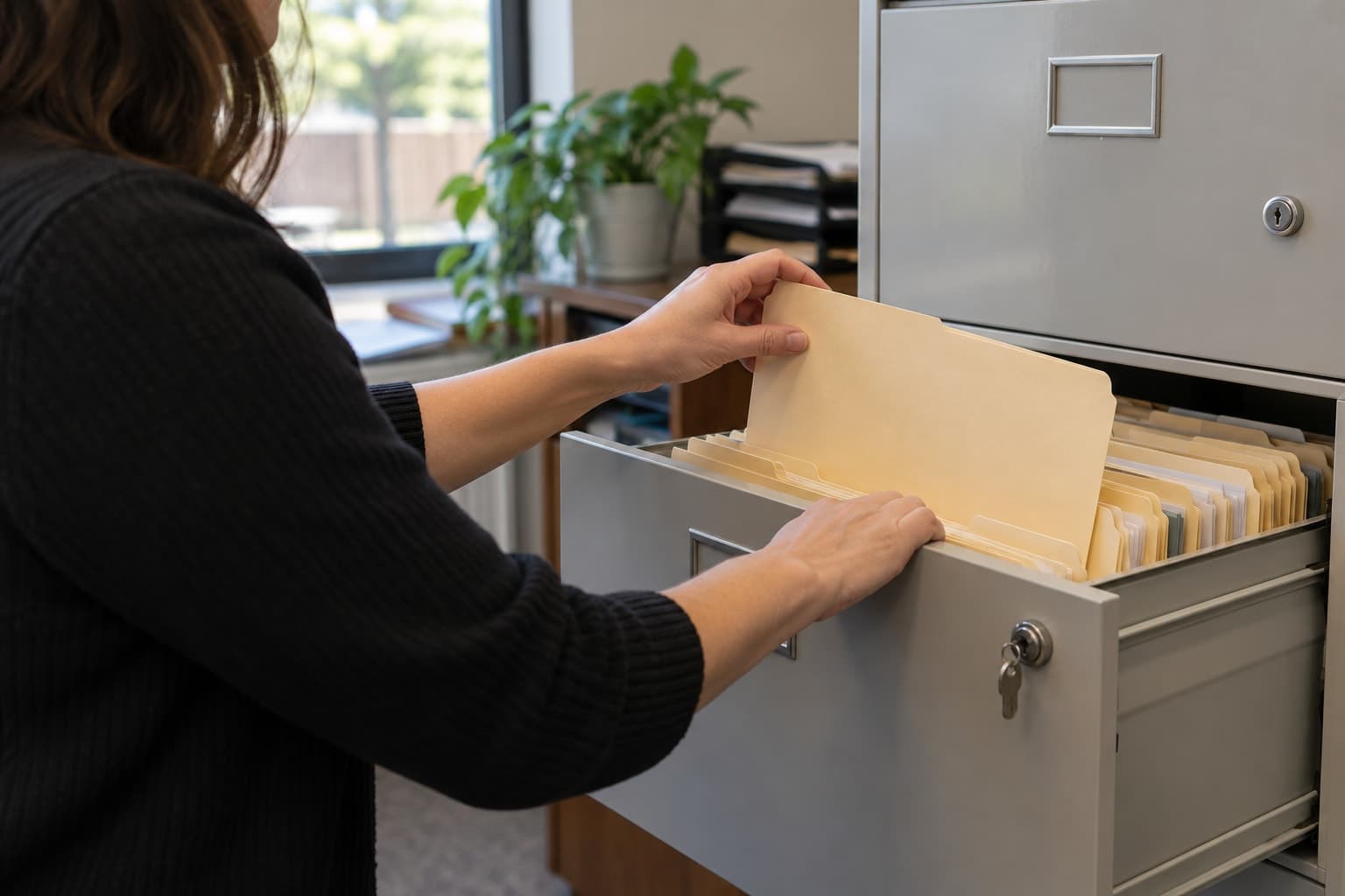 Illustrative scene: Close view of a staff member filing an unmarked folder into a lockable cabinet.
