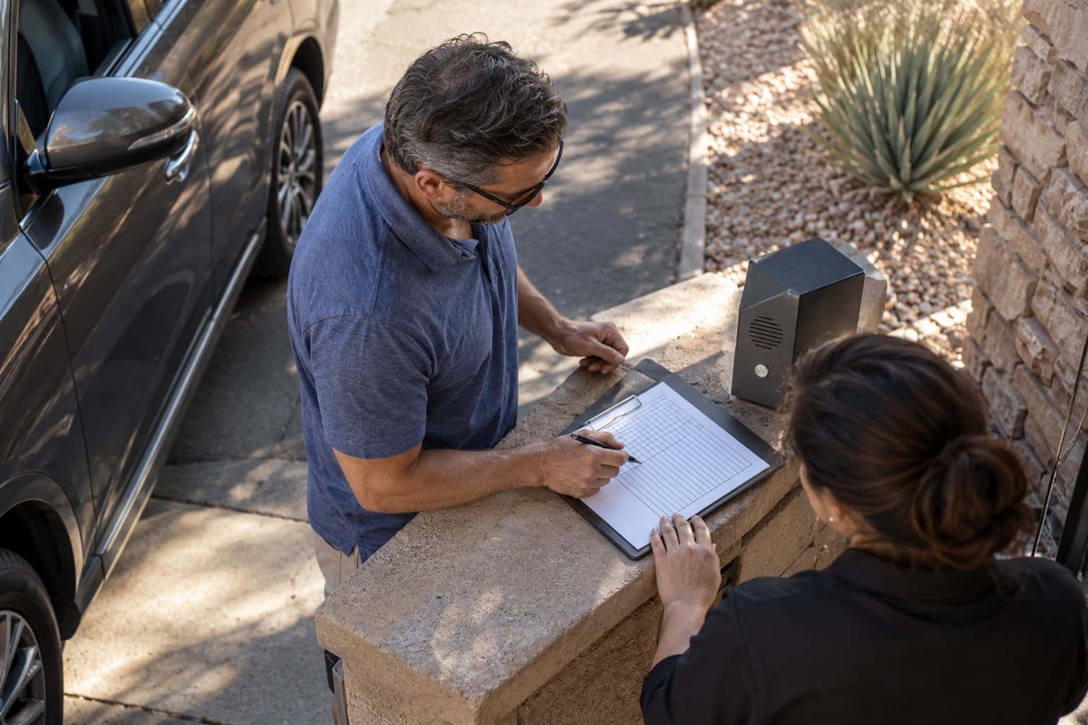 Illustrative scene: Gate attendant checking a blank visitor log at an Arizona arrival counter.