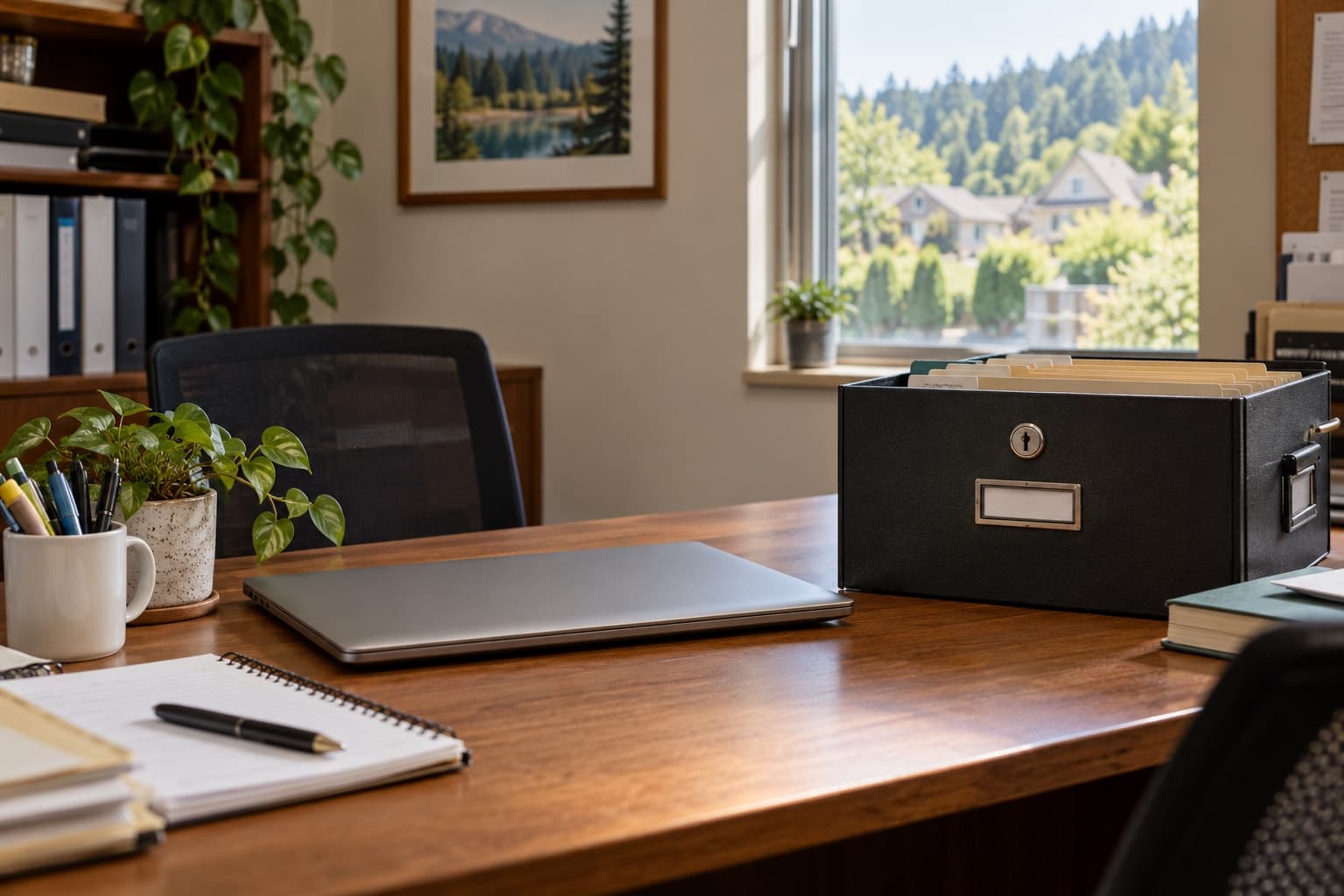 Illustrative scene: Closed laptop and secure file box on an Oregon community office desk, no visible personal data.