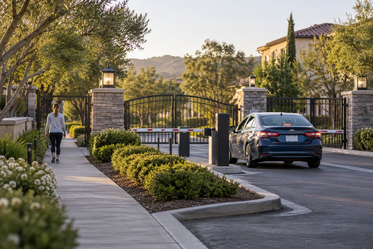Illustrative scene: California entrance lane with clearly separated pedestrian walkway and one arriving sedan.