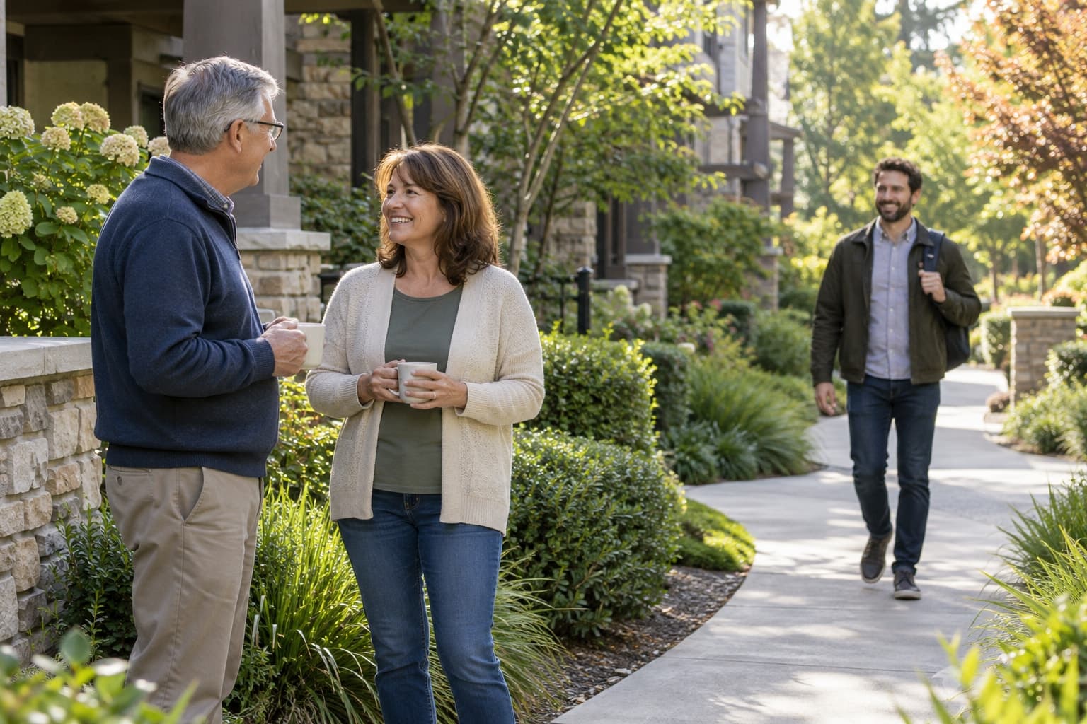 Illustrative scene: Two neighbors chatting while a visitor walks up a landscaped community path, no gate readers or cars.