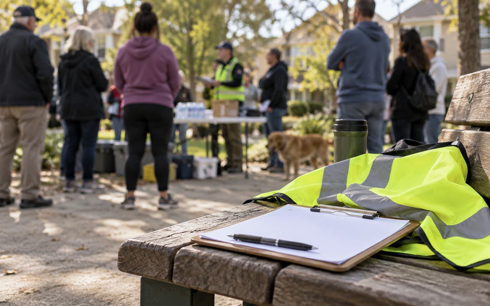 Illustrative scene: Community gathering point with an unmarked clipboard and safety vest on a bench, people blurred in background.