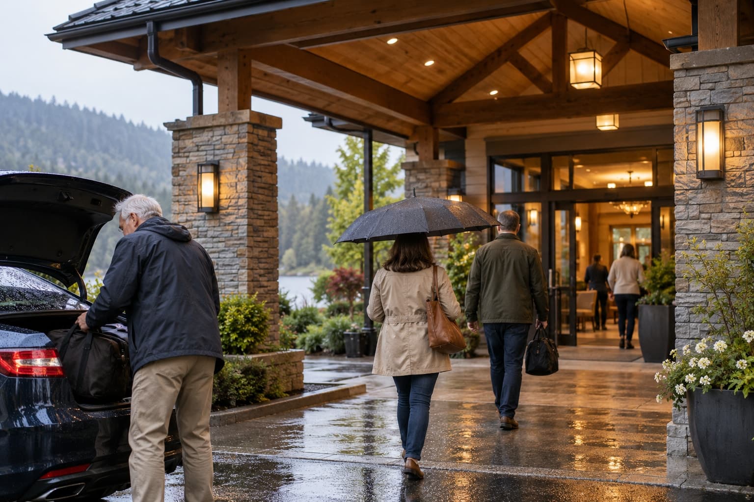 Illustrative scene: Guests welcomed beneath a covered Oregon clubhouse entrance on a softly rainy day.