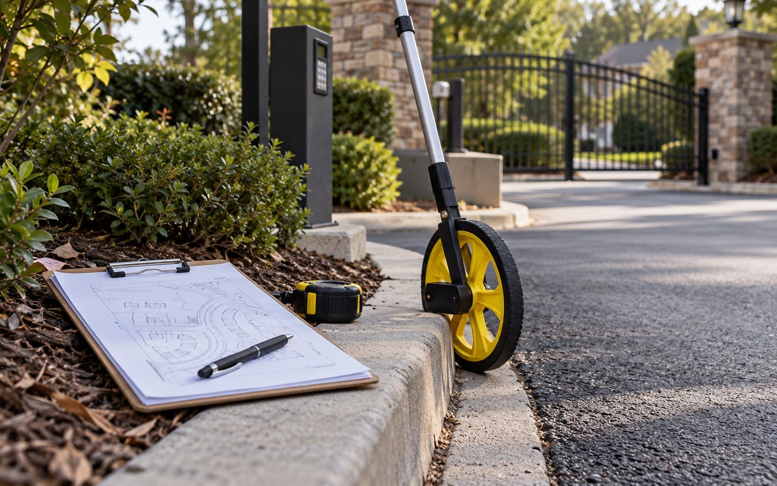 Illustrative scene: Close view of clipboard and measuring wheel resting on a curb beside a driveway.