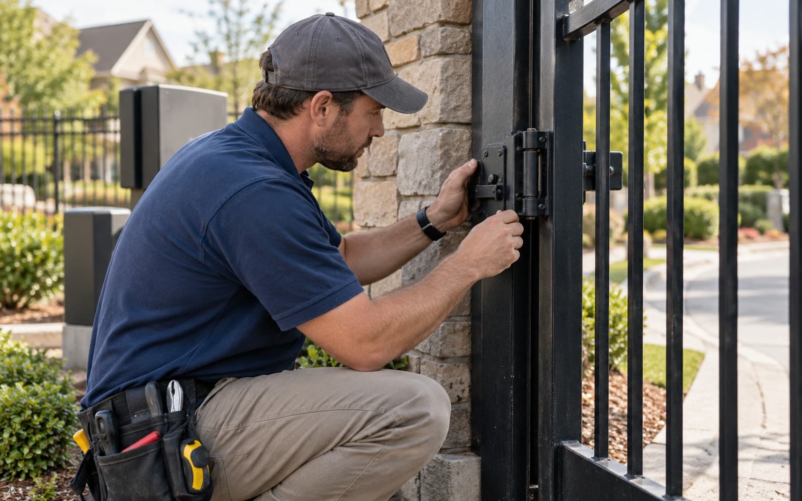 Illustrative scene: Maintenance worker inspecting a gate hinge and latch in soft daylight, tool pouch visible.