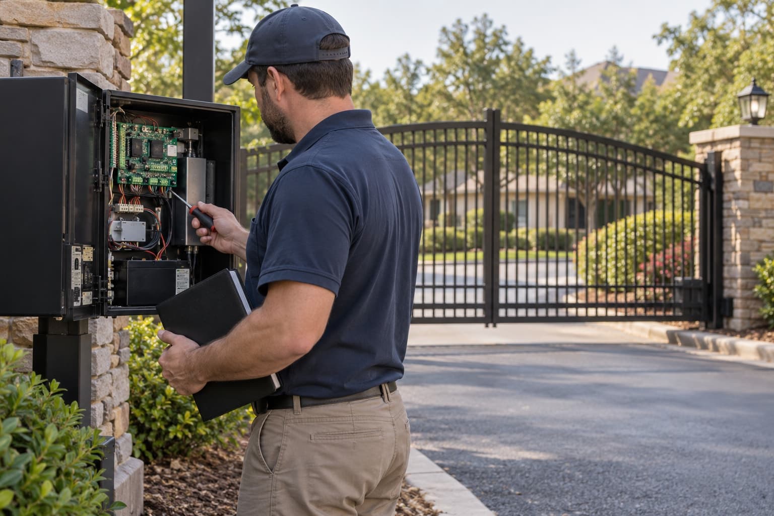 Illustrative scene: Technician standing at a gate controller with a closed notebook and screwdriver, screen not visible.