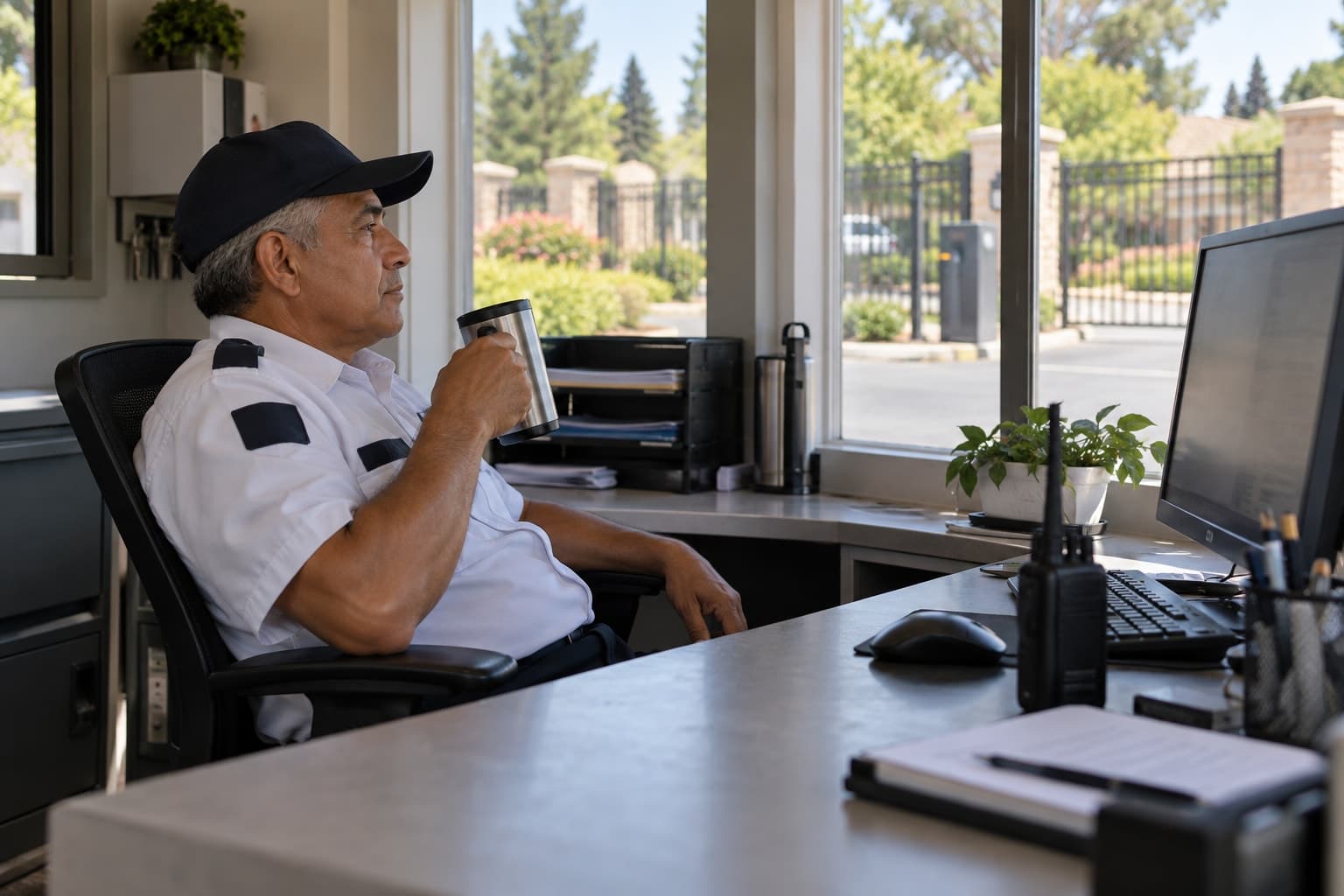 Illustrative scene: Gate attendant taking a short calm break at a tidy office desk, no staged smile.