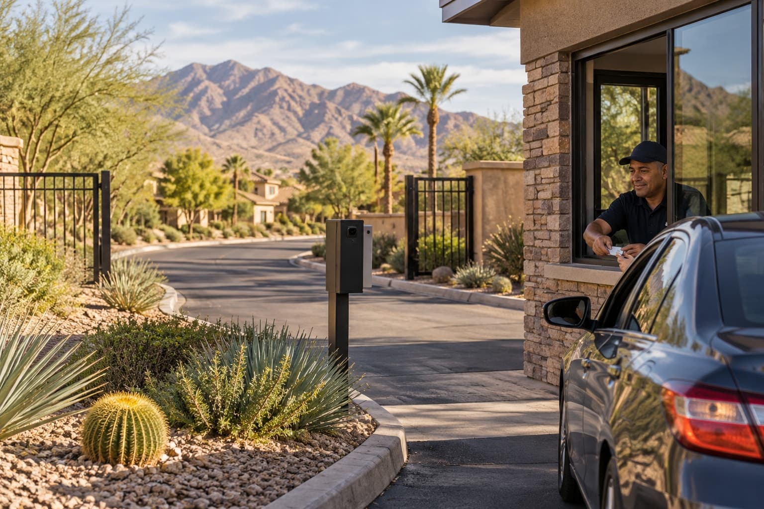Illustrative scene: Nevada community entrance with desert plants and welcoming staffed window, no queues.