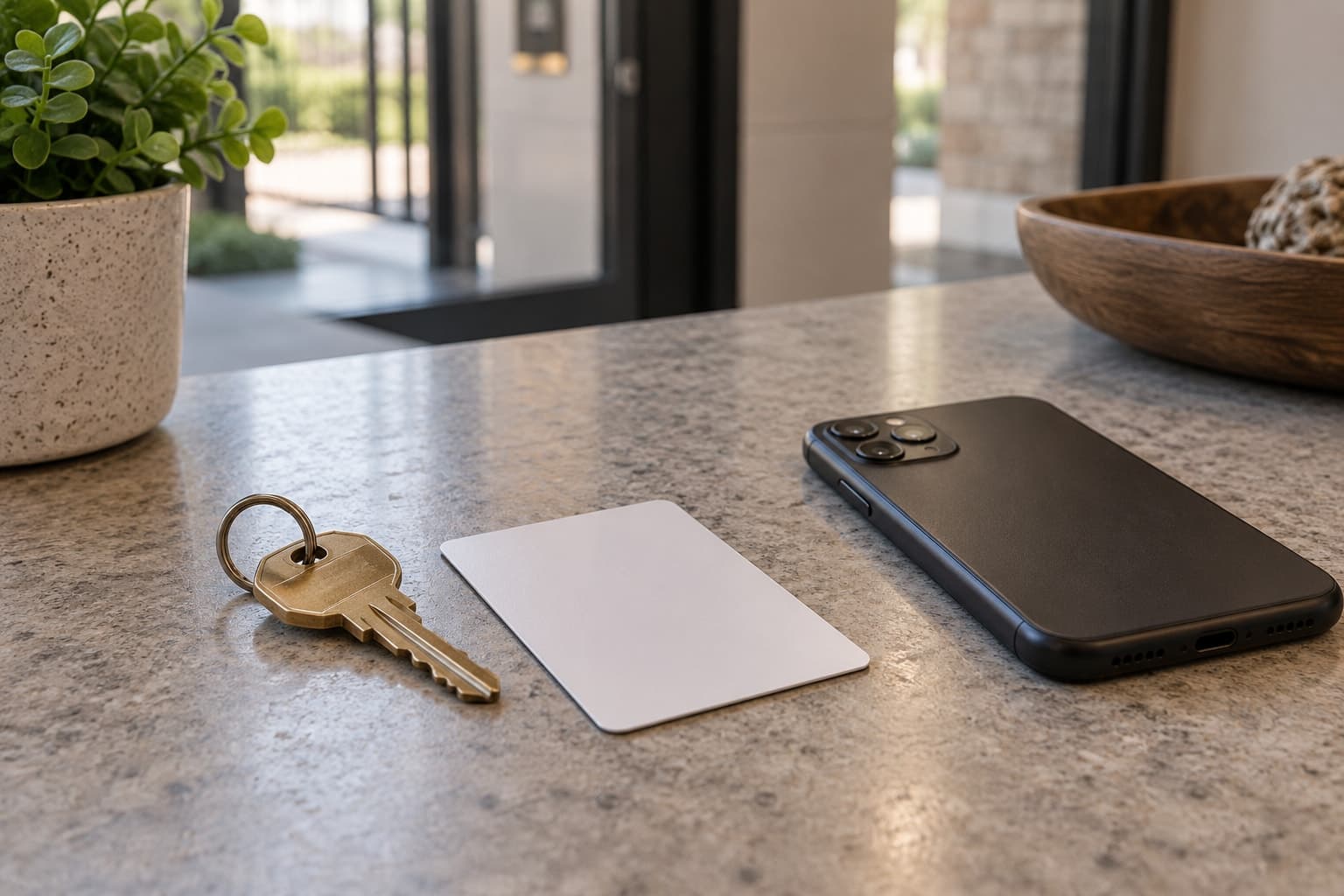 Illustrative scene: Legacy brass key, plain card and face-down smartphone on a textured neutral counter.