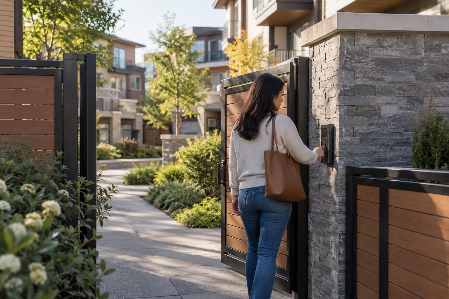 Illustrative scene: Woman on foot using a small keyless reader at a pedestrian gate, viewed from behind.