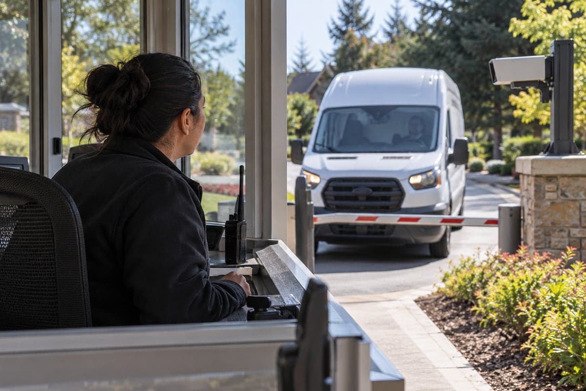 Illustrative scene: A gate attendant looking out at a delivery van from a shaded booth.