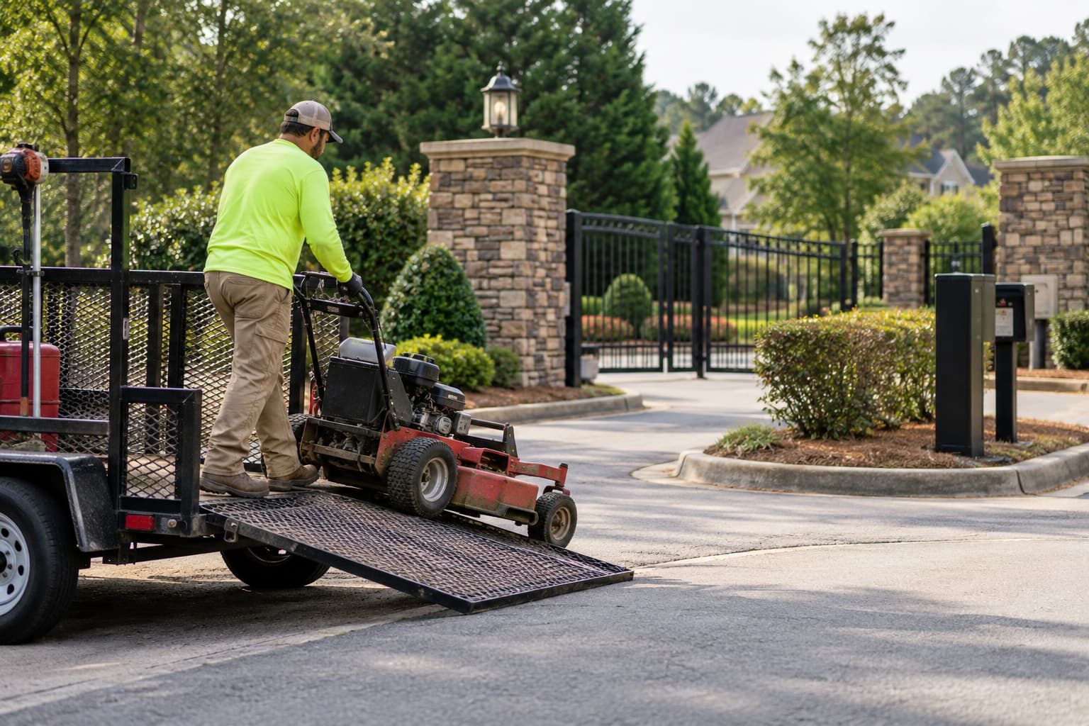Illustrative scene: Landscape contractor unloading an ordinary mower from a trailer near a Georgia community service entrance.