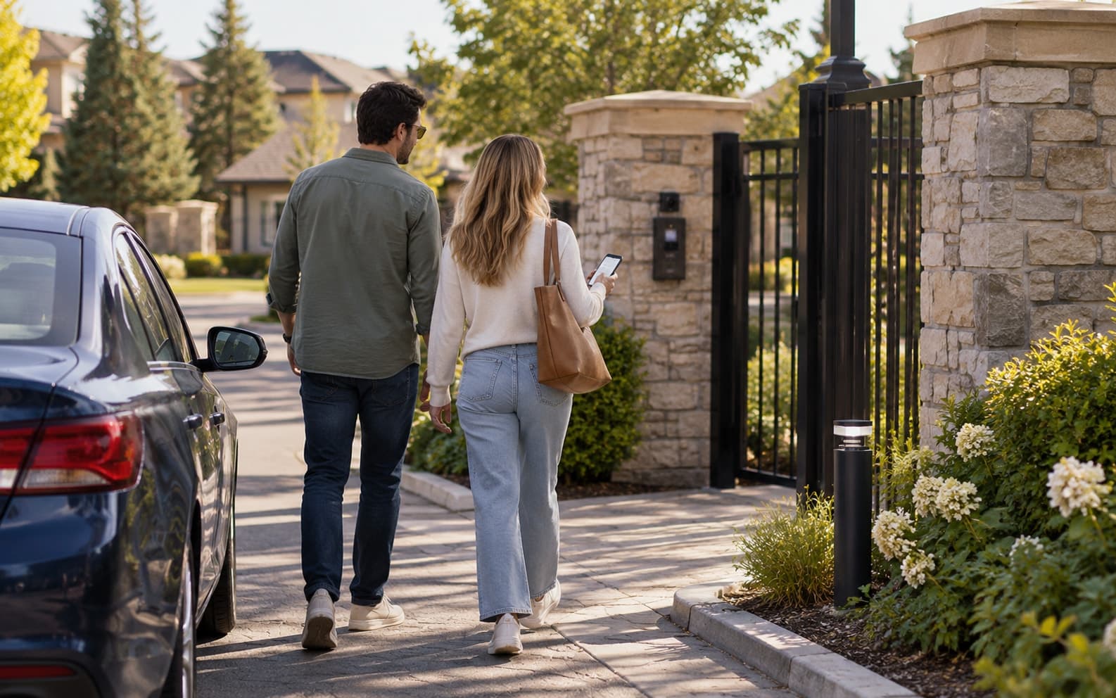 Illustrative scene: A visiting couple walking from their parked car toward a pedestrian entrance, phone held naturally.