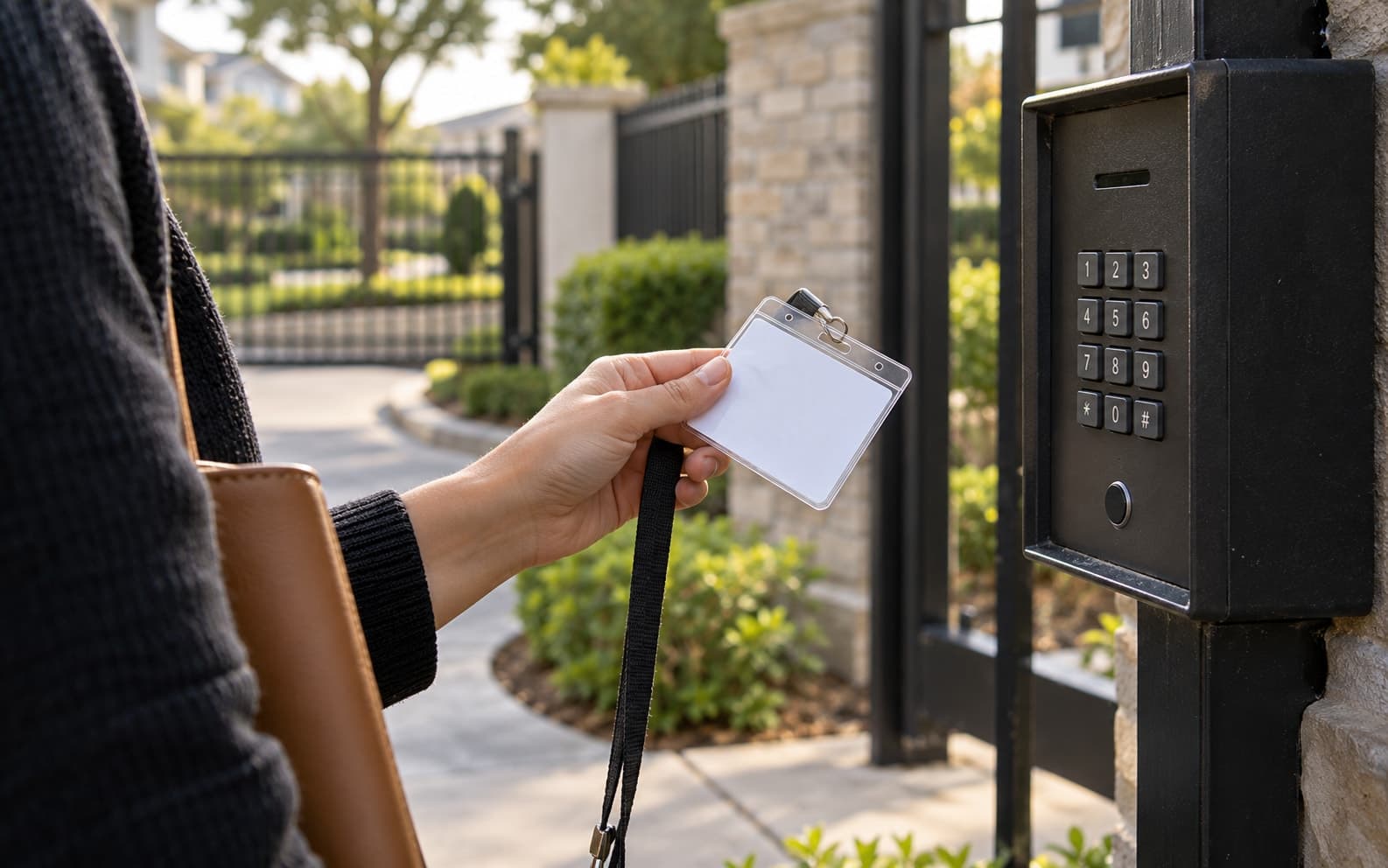 Illustrative scene: An unmarked visitor badge holder beside a numeric keypad, no functional QR or access code.