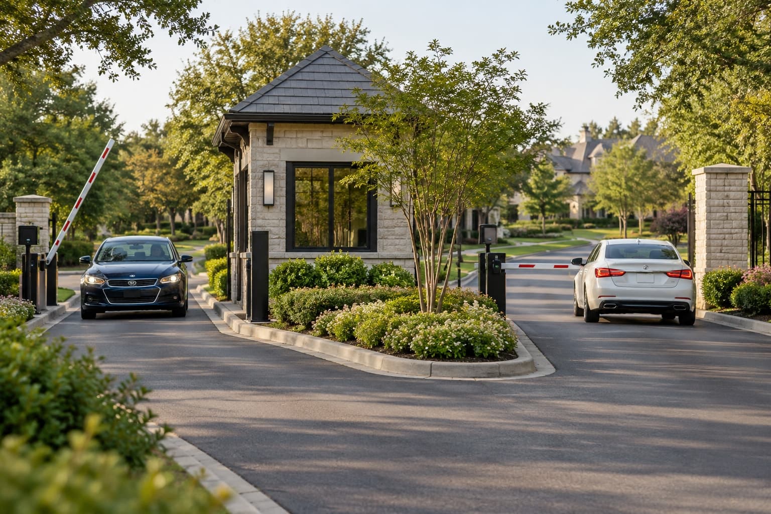 Illustrative scene: Wide driveway with separate arrival and exit lanes, two spaced cars moving without a queue.