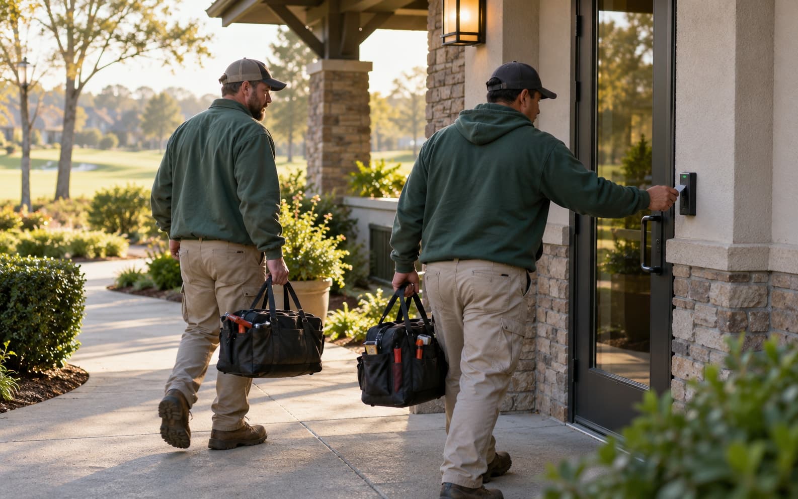 Illustrative scene: Two grounds staff arriving at a clubhouse service door, carrying ordinary work bags.