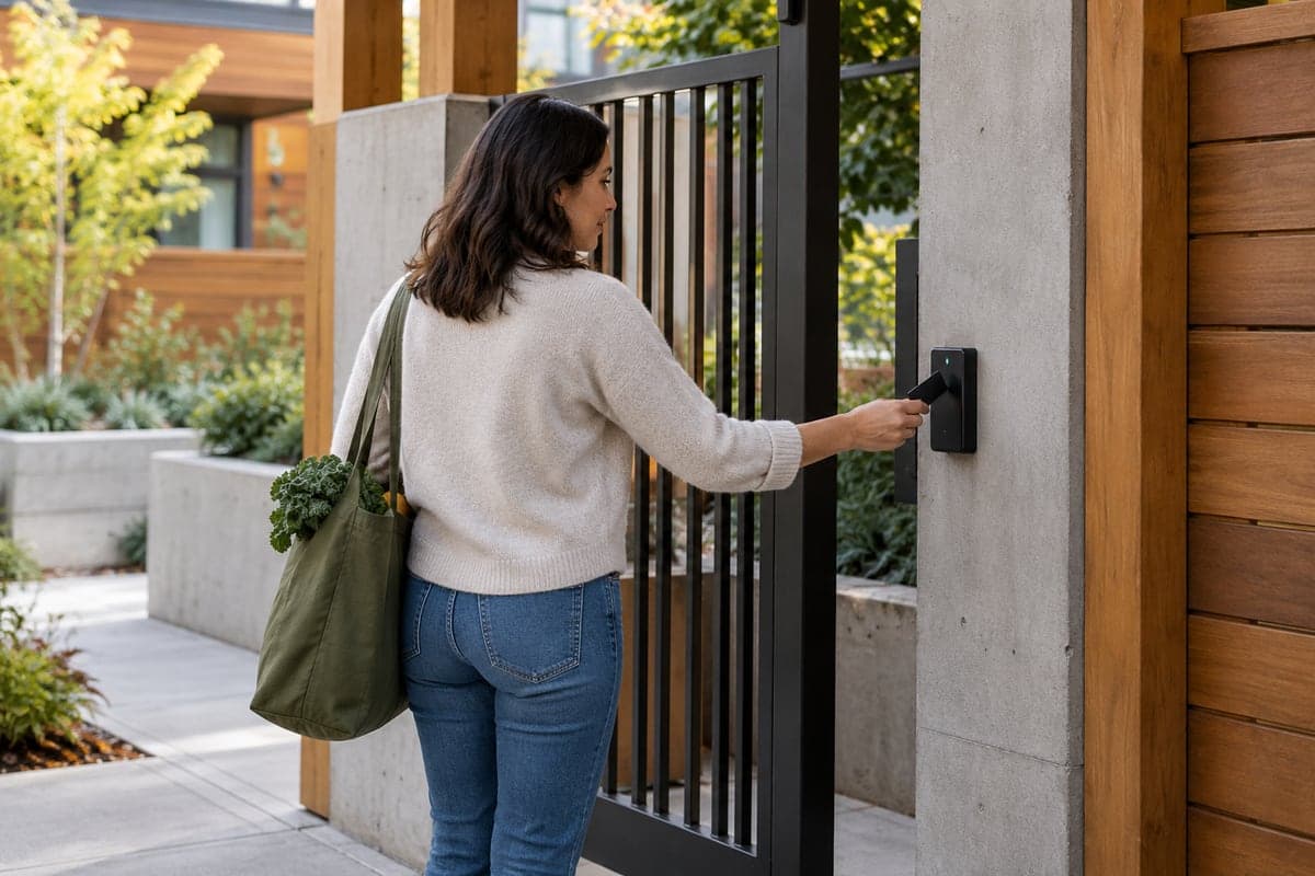 Illustrative scene: A modern but ordinary residential pedestrian entrance with unobtrusive reader and a resident carrying a reusable shopping bag.