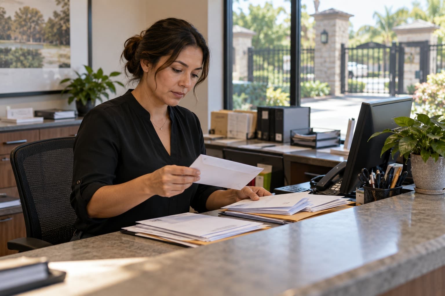 Illustrative scene: Community manager sorting a small set of work-order envelopes at a tidy service desk.