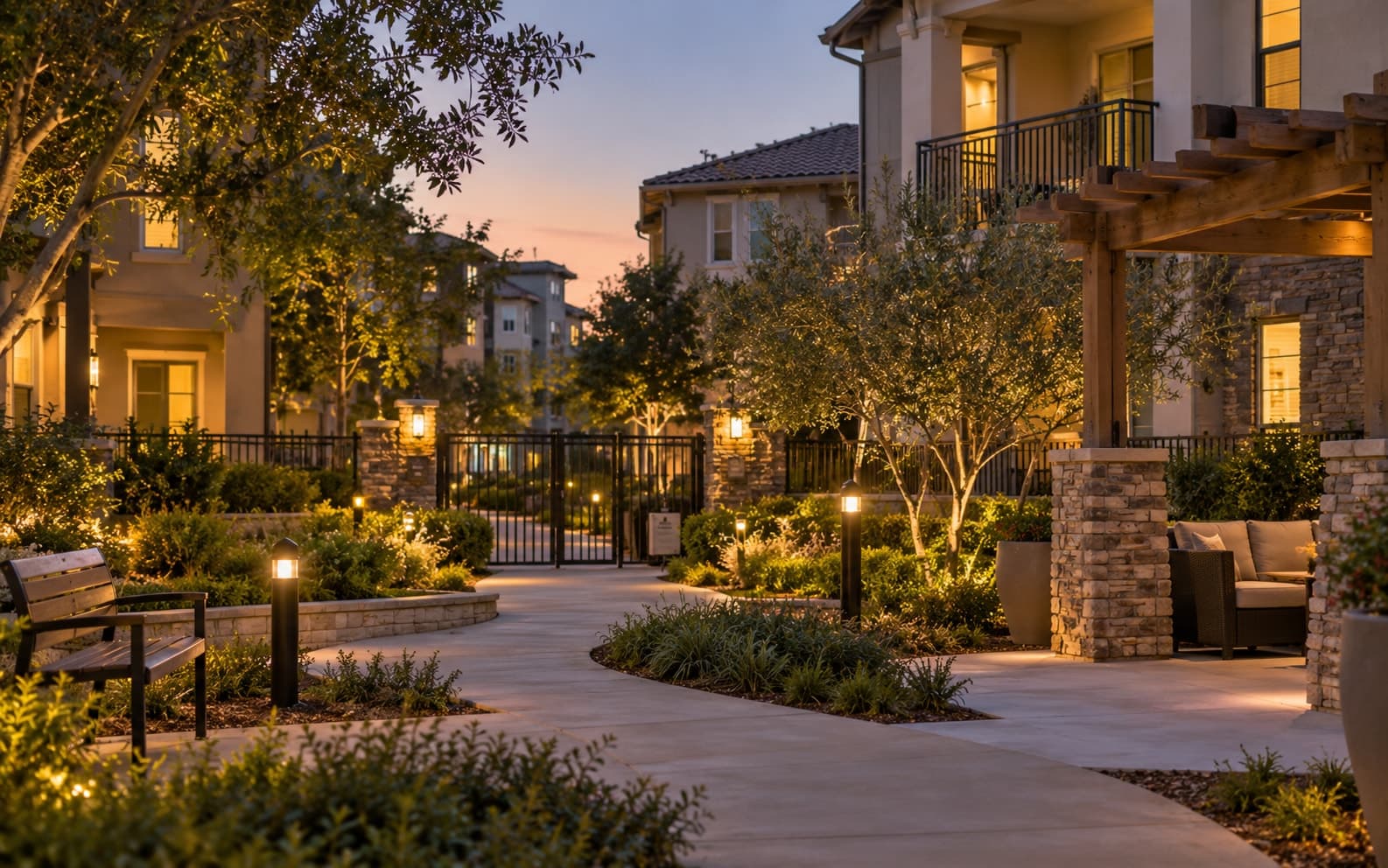 Illustrative scene: A quiet secure community courtyard with warm evening lighting and open sightlines.