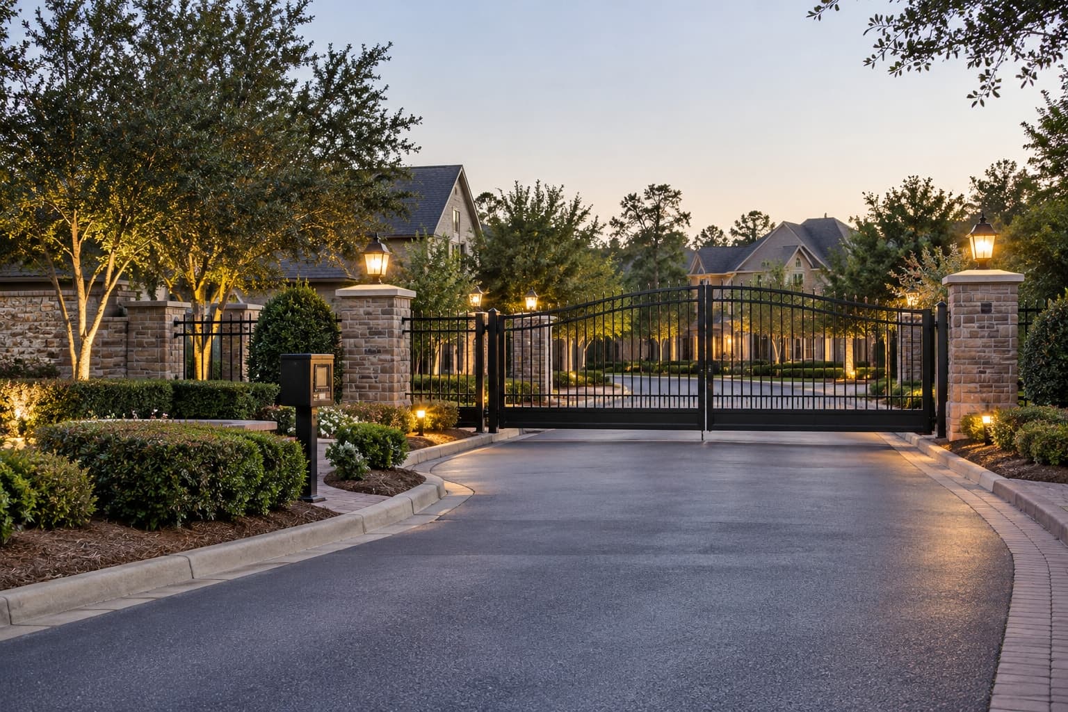 Illustrative scene: Wide neighborhood entrance with clear paths, functioning lights and well-maintained fencing.