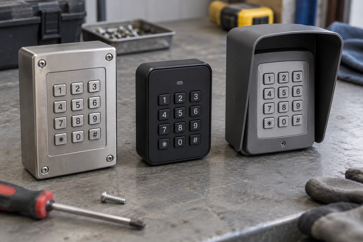 Illustrative scene: Three different unbranded weatherproof keypad housings laid on an installer's gray workbench, one metal, one compact black, one hooded. Physical hardware, no technical diagram; numeric buttons in ordinary 3-column layout.