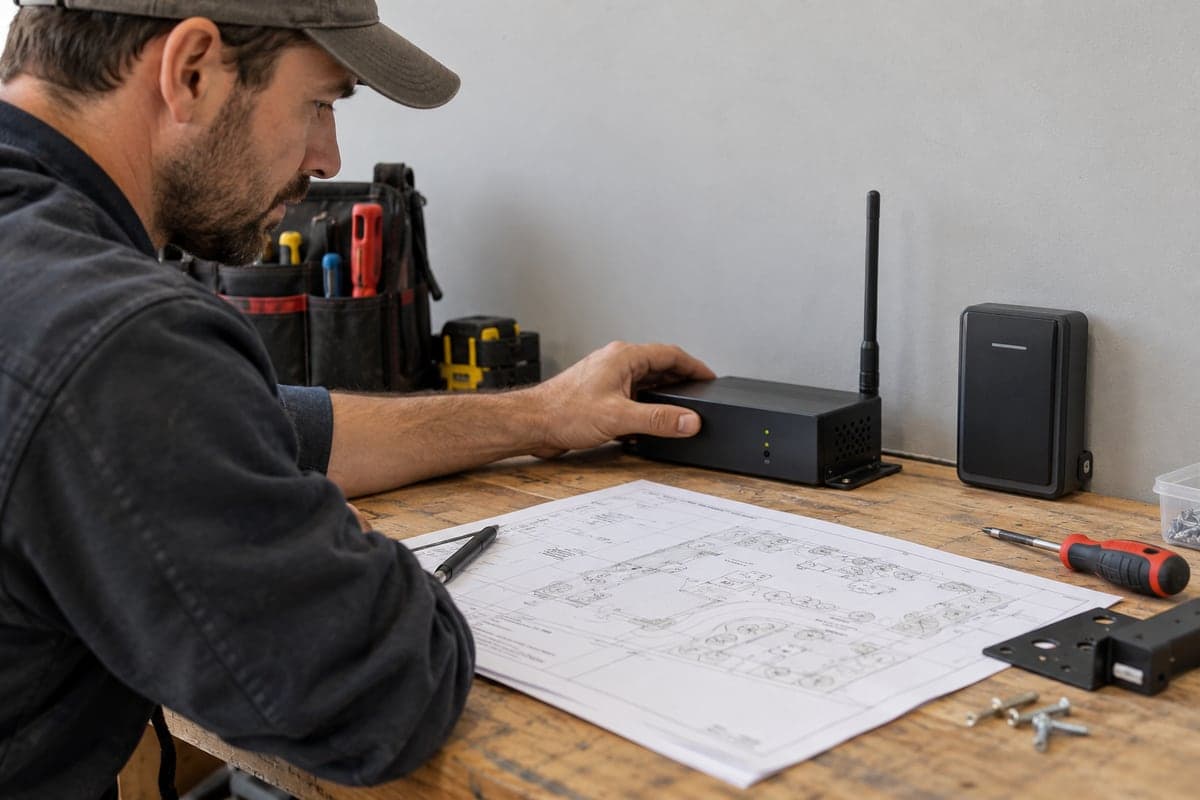 Illustrative scene: A maintenance workbench with a compact wireless gateway.