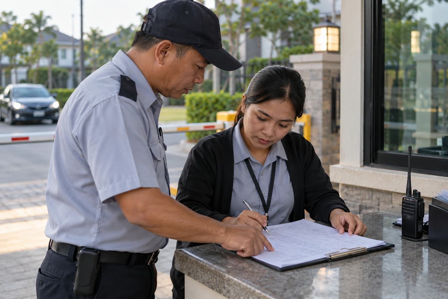 Illustrative scene: Community staff reviewing a plain visitor count sheet beside a radio, no legible personal information.