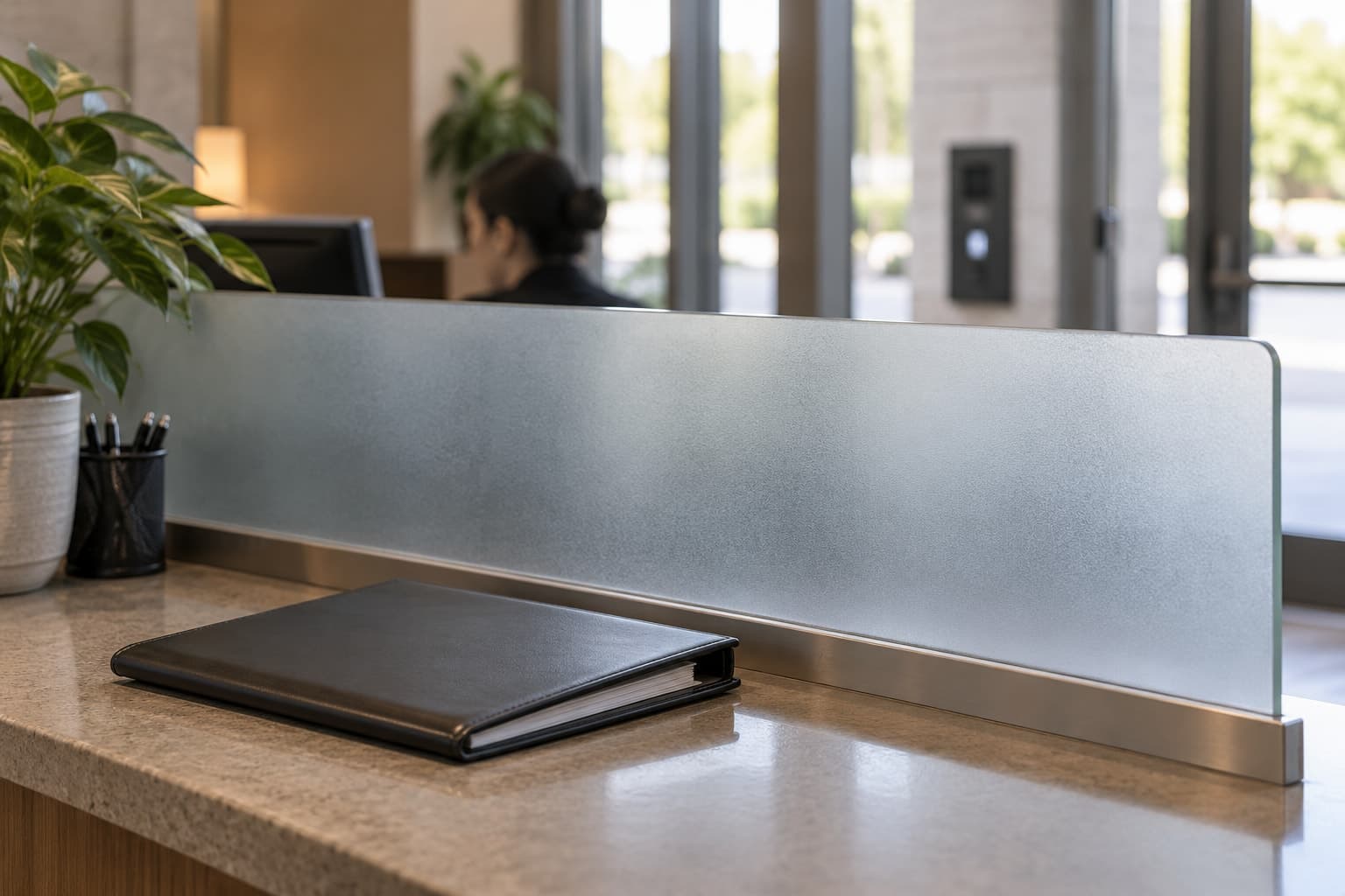 Illustrative scene: Close view of a frosted glass reception divider and a closed visitor folder, quiet privacy theme.