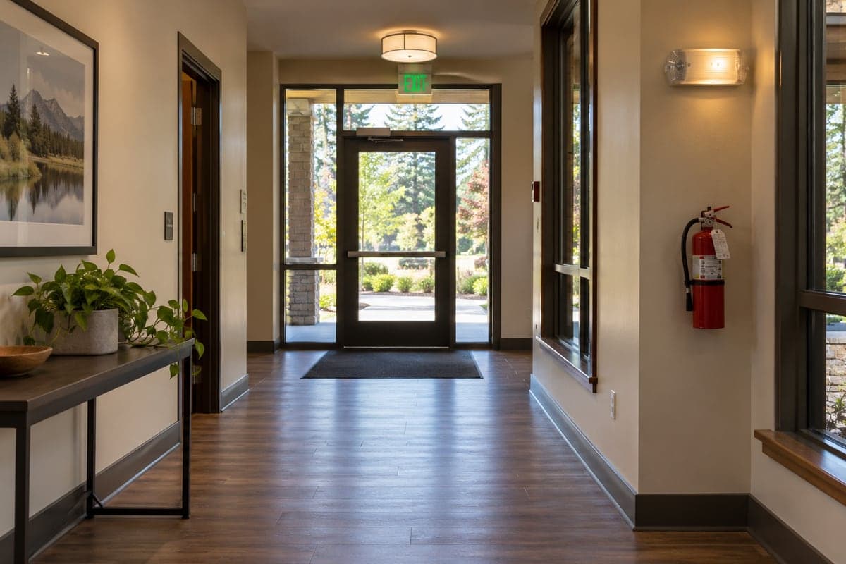 Illustrative scene: A calm empty clubhouse corridor leading to an unobstructed exit door.