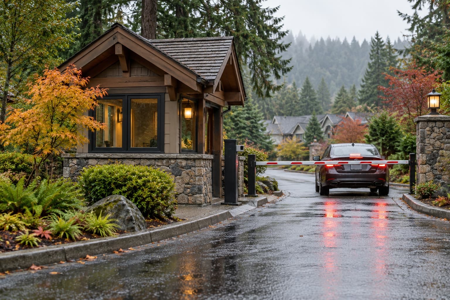 Illustrative scene: Small Oregon HOA entrance with modest timber gatehouse and rain-softened landscaping.