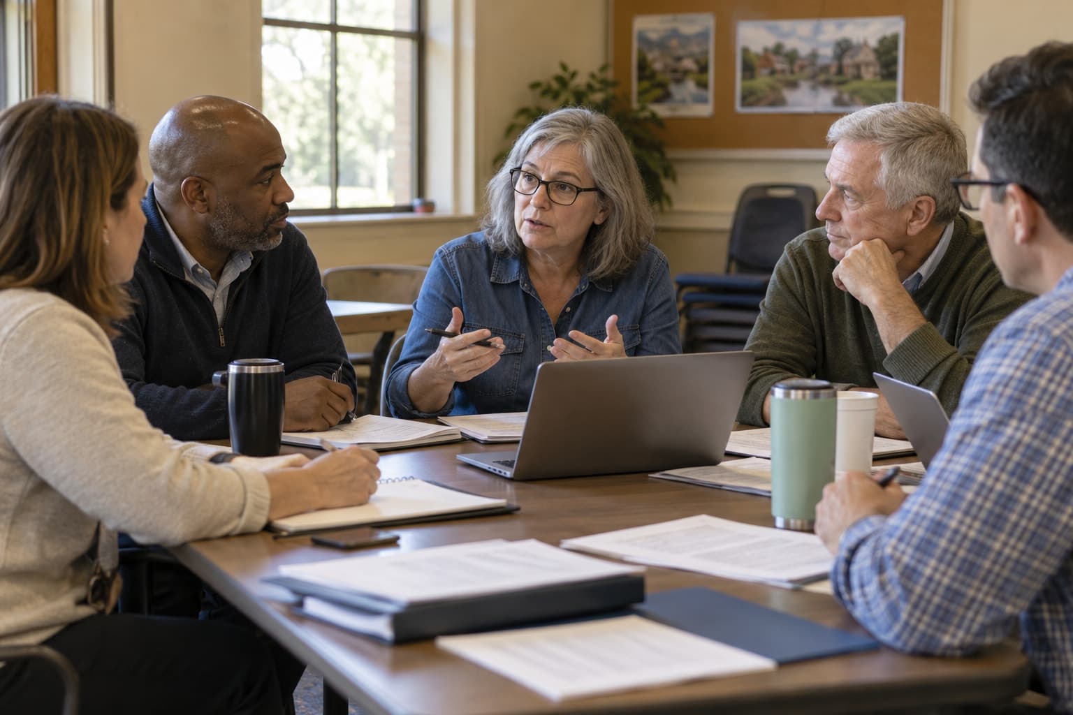 Illustrative scene: Small board-training discussion around a community room table, informal and unposed.