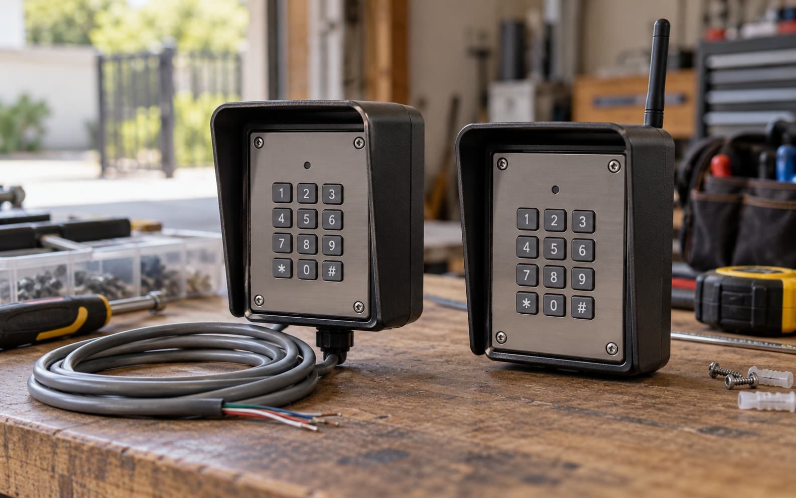 Illustrative scene: Two weatherproof keypad enclosures on a technician bench, one with a coiled cable and one without.