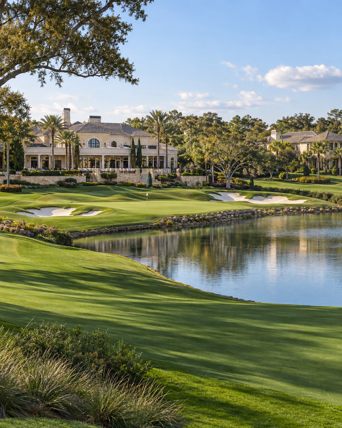 An illustrative golf community with a lakeside green and elegant clubhouse