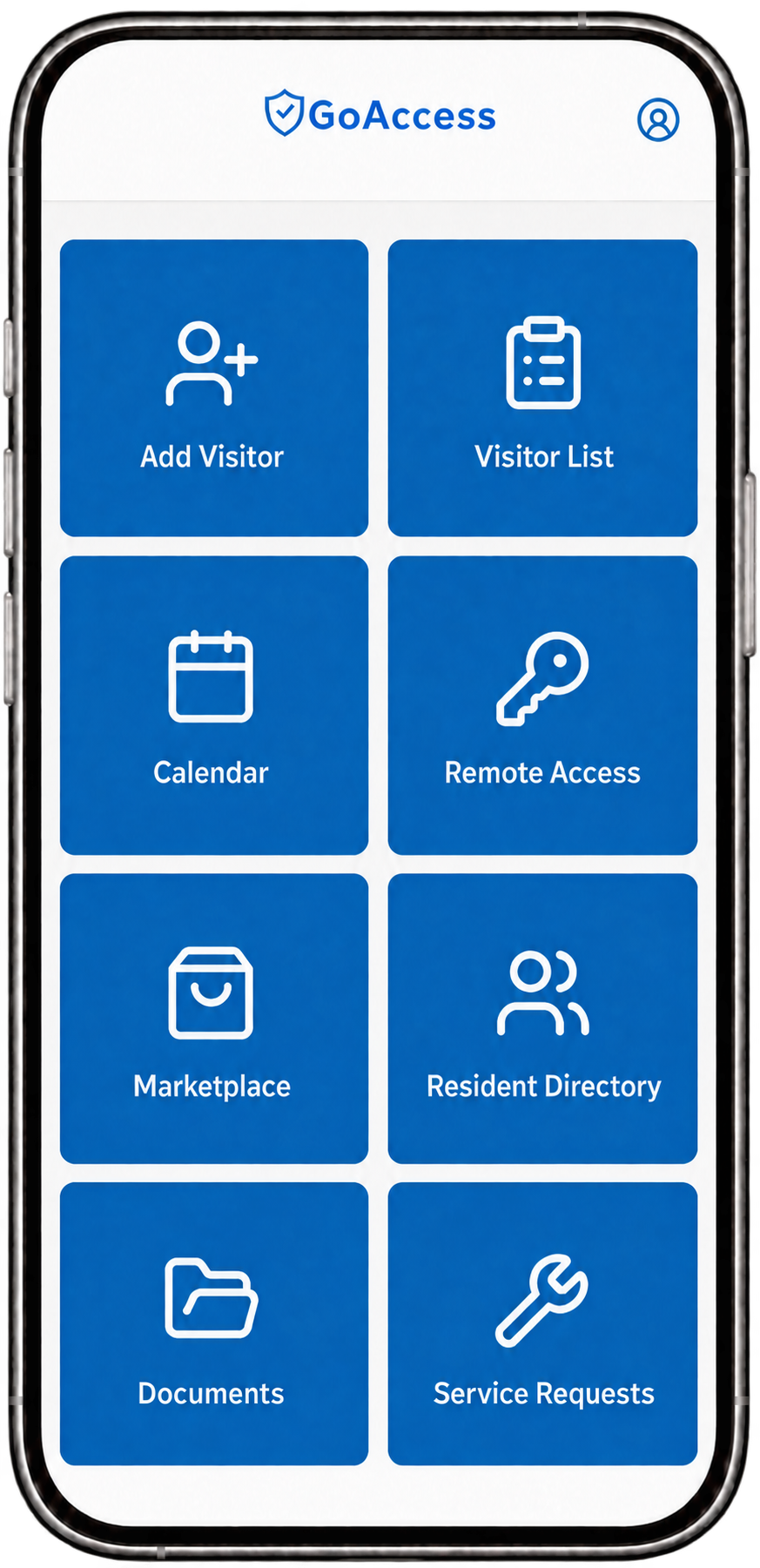 GoAccess resident app with visitor invitations, calendar, remote access, documents, and service requests