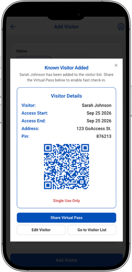 GoAccess visitor details with a single-use QR pass and sharing controls
